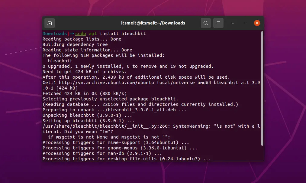 Install BleachBit on Ubuntu using apt command