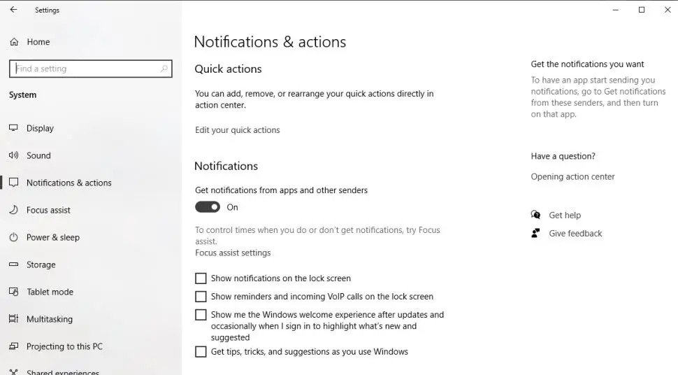 Select Notifications & Actions