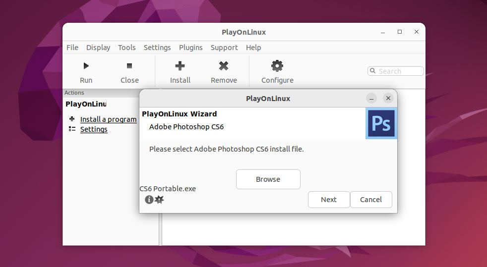 Find photoshop.exe to install Photoshop CS6 Portable Ubuntu