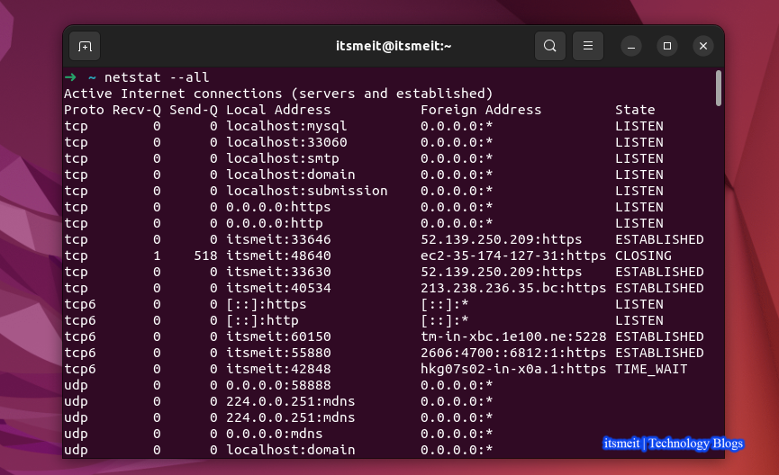 Example of command netstat -a on Linux or Ubuntu