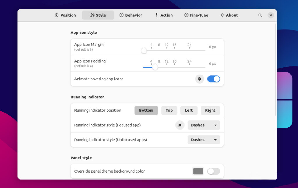 Customize Dash panel