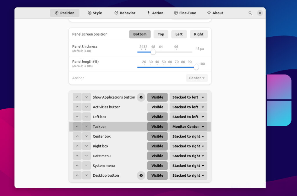 Customize Dash panel