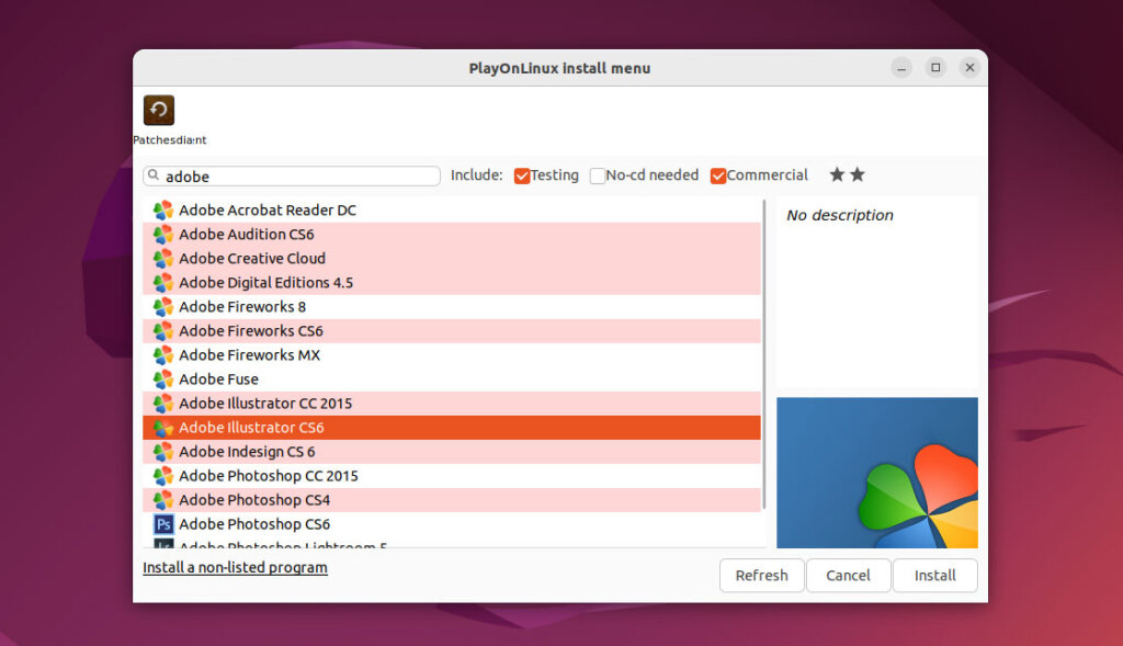 Search for Illustrator in Playonlinux