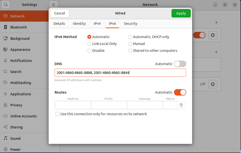 Change DNS IPv6 Ubuntu