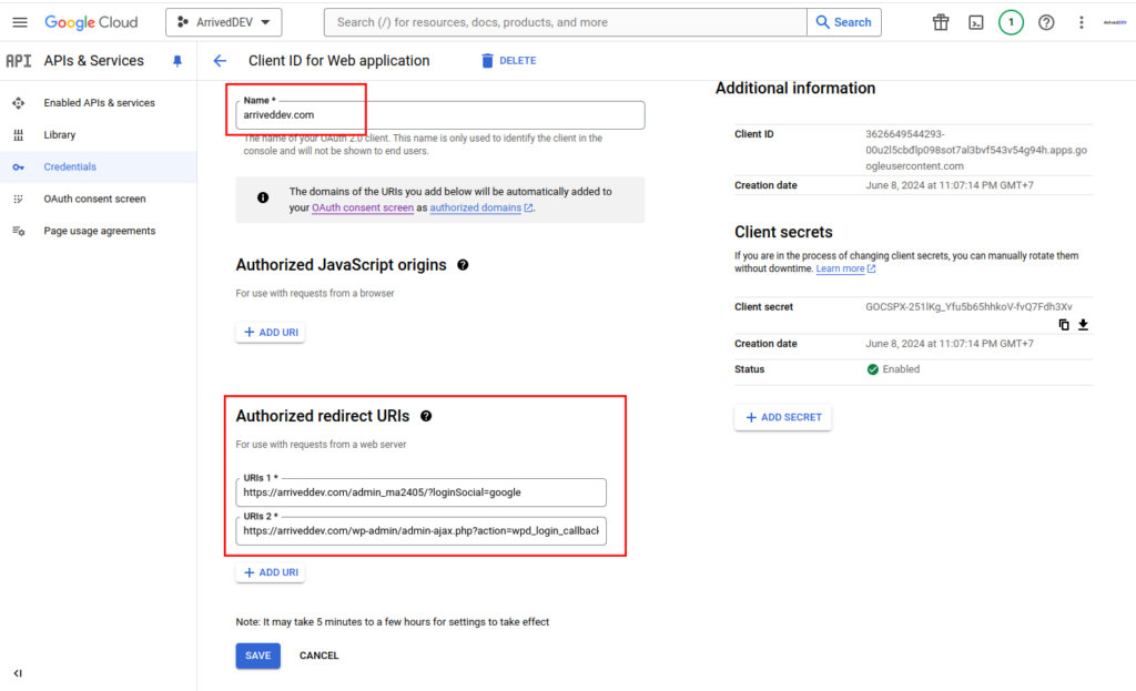 Create Credentials google api