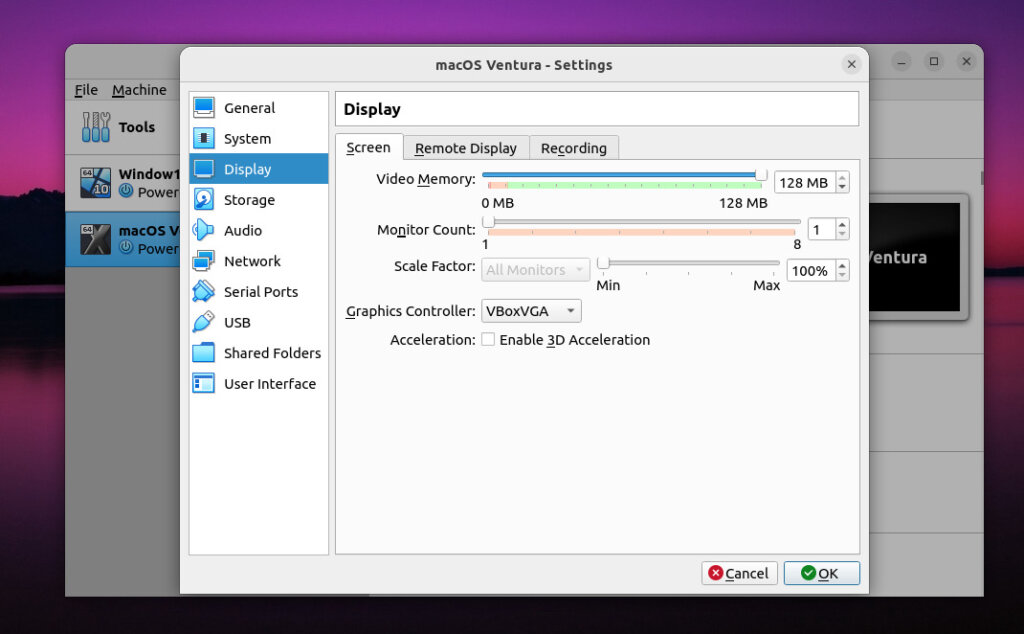 Config display screen macOS on VirtualBox