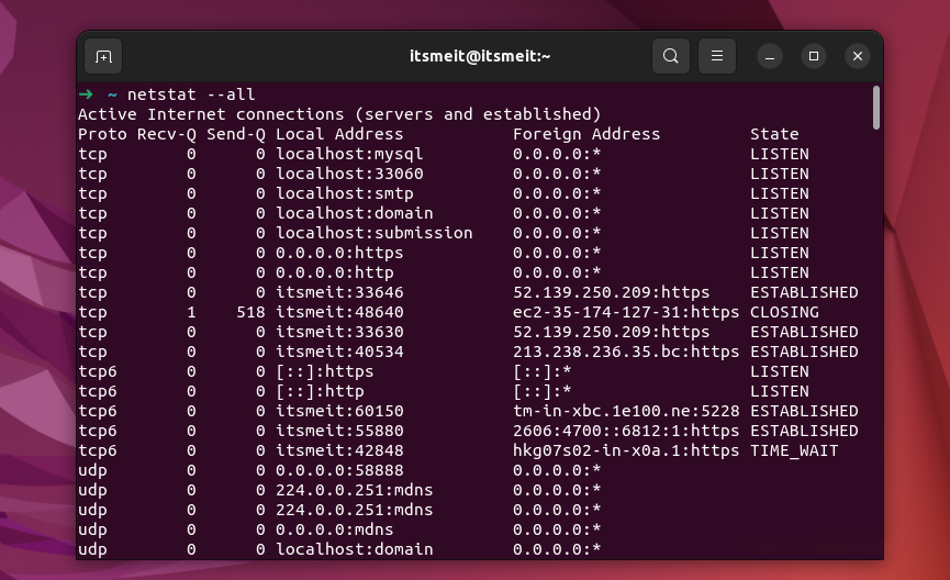 netstat -a on Linux