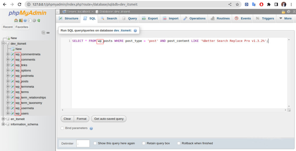 phpMyAdmin sql Run SQL Query